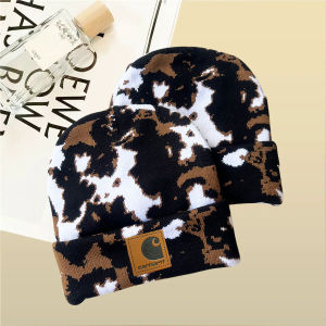 Black and White Vintage Fashion Cow Pattern Knitted Woolen Hat Autumn and Winter Couple Versatile Leopard Pattern