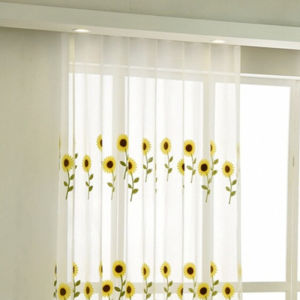 AnneyOneDecor Sunflower Sheer Tulle Curtain for Living Room Bedroom Rustic Voile White Embroidery Yellow Flower Tulle Window Treatment Room Decor
