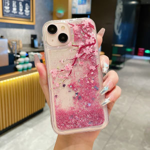 CrashStar Sakura Cherry Blossoms Liquid Quicksand Pink Peach Flower Phone Case For iPhone 17 16 15 14 Pro Max Plus 13 12 11 Pro Max X XR XS Max 8 Plus 7 Plus Fashion Glitter Sequins Phone Cover Transparent Soft Casing Shell