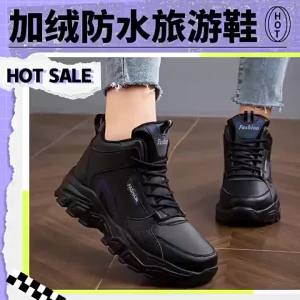 CODWaterproof Leather Upgraded Version High Help Womens Sport Shoes Warm Cotton Travel Shoes Black Tying round Head EVA Bottom