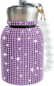 Insulated Water Bottle Bling Double Wall Stainless Steel Vacuum Flask with Glitter Rhinestones Diamond 10 oz Keep Cold Water Bottle with Pearls Bracelet Handle AB