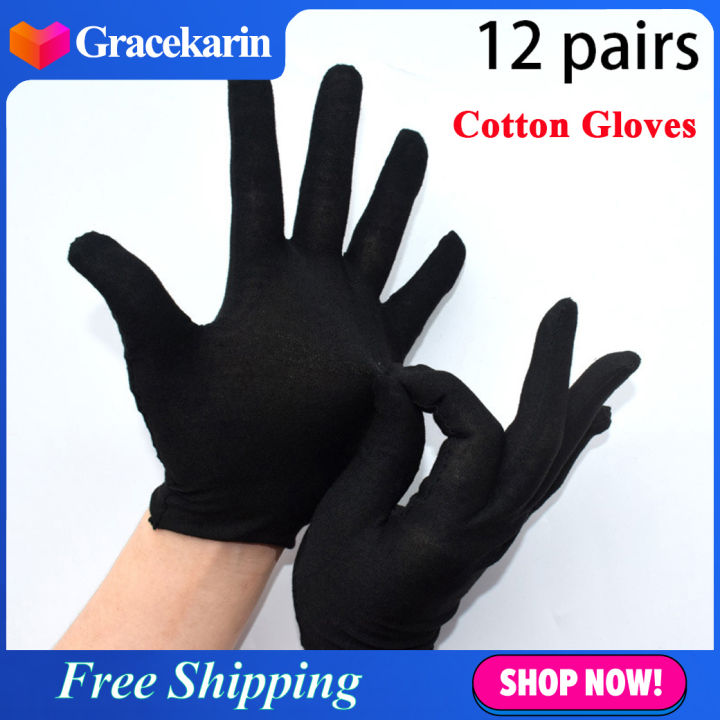 Gracekarin 12 Pairs Thin Black Cotton Gloves Soft Large Sensitive