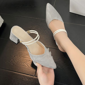 [Free Shipping] Pointed-Toe Sandals Summer Outdoor Chunky-Heeled Slip-On Sandals Closed-Toe Mid-Heel New Style Half-Slipper Sandals Fashionable WomenS Shoes Breathable