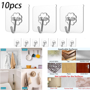 10pcs Strong Transparent Adhesive Hooks Waterproof Adhesive Clear Wall Hooks for Door Bathroom Kitchen