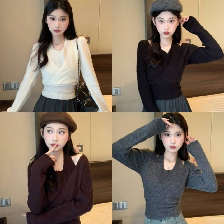 🐰 เสื้อแขนยาว ผ้าไหมพรม สไตล์เกาหลี เพิ่มกิมมิคคล้องคอข้างใน สินค้า ...