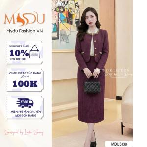 Set Thiết Kế MDU5839 Dạ Tweed Cao Cấp Sắc Tím Quyền Lực Phối Đính Ngọc Tinh Xảo Chân Váy Midi Xẻ Tà Sang Trọng Từ MDU