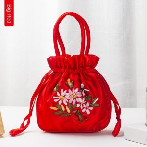 【COD&Ready Stock】Top Handle Small Women Bucket Bag Dacron Mini Top Handle Ladies Handbag Practical Handmade Embroidery Embroidered Flower Pattern Drawstring Bag Women