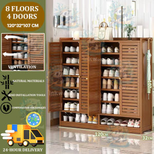 Modern Bamboo Shoe Cabinet with Breathable Rattan Louvered Doors and 8-Shelf Storage Rack