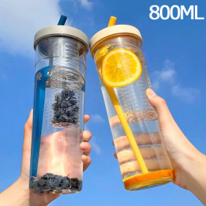 [Ganlitong] 800ML Drinking Water Bottle Outdoor Lemon Juice Cups Filter Kettle Creative Cute Portable With Collapsible Straw Large Capacity Transparent