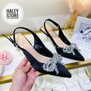 Giày sandal cao gót 5cm HALEY STORE bít mũi nhọn quai đính nơ đá xoàn lấp lánh tiểu thư công chúa đi tiệc vân nơ nhùi