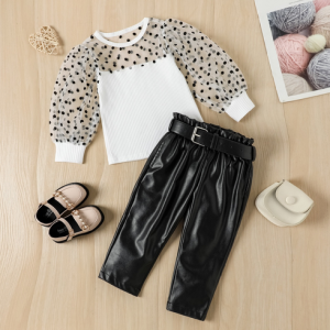 (KIDSFO-48) - FREE BELT Setelan Set Anak Perempuan Kaos Rajut + Celana Kulit Hitam