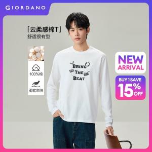 Giordano Beau Monde Men Retro graphic print long sleeve cotton tee Free Shipping 13096797