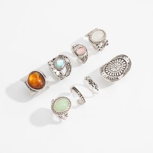 GORGE 8Pcs/Set Antique Silver Tone Stackable Rings Oval Resin Cabochon Carved Wide Band Resin Stone Rings Vintage Stackable Ring Set Finger Jewelry Boho Outfit