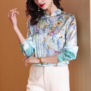 Ammin 2024 phong cách Hàn Quốc đứng cổ áo thời trang in hoa cổ điển Áo voan người phụ nữ Mùa Xuân/dài tay mùa hè đi lại Một hàng khuy cỡ lỡn Áo Blouse thanh lịch