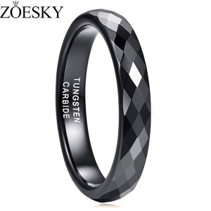ZOESKY 4MM Tungsten Carbide Rings Faceted Edge Polished Black Wedding Band for Women Size 4-12