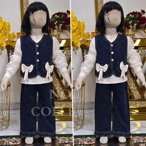 Setelan jeans anak perempuan lengan panjang terbaru 2025 celana kulot skena jeans usia 3 - 11 tahun atasan jeans anak perempuan kekinian oversize set jeans anak korean style - COD