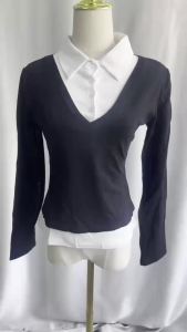 Fake Two Piece Womens T-shirts Long Sleeve Ropamujer Turn Down Collar Clothes Tops 2026 Fashion Causal Roupas Feminina2026