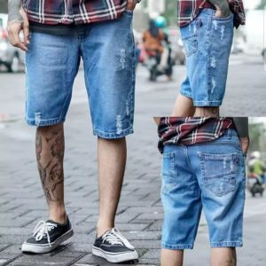 Celana Pendek Sobek Jeans Pria Ripped Short Denim Casual Outfit Super Jumbo