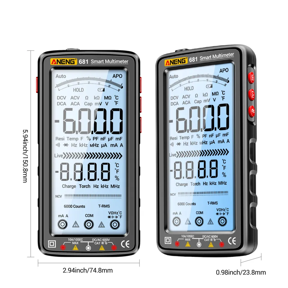681 6000 Counts Digital Multimeter – Rechargeable, Anti-Burn, With NCV, 5" LCD, Measures Voltage/Current/Resistance/Capacitance/Temperature