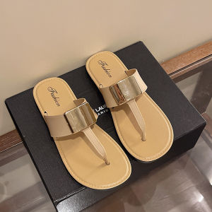 2026 New Niche Square-Toe Metal Buckle Fashionable Versatile Summer Outdoor Beach Flat Flip-Flops
