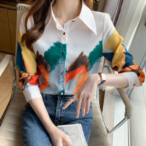 AMMIN Korean style spring and autumn lapel ink painting color-blocking chiffon shirt womens long-sleeved retro abstract graffiti printing elegant single-breasted commuter blouse chic tops