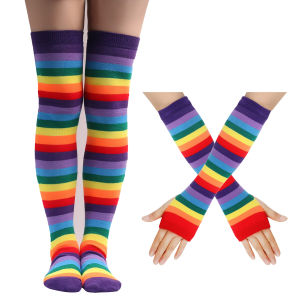 Rainbow Colored Striped Over Knee Socks And Gloves Set Fingerless Women Arm Sleeve Warmer Christmas Gifts