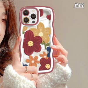 (Lokal Ready) Xinyu Casing hp iPhone 14 iPhone 14 Pro Max iPhone 11 iPhone13 Pro Max 11 Pro Max iPhone 12 XR XS MAX iPhone 6 6S 7 8 Plus SE 2020 Minyak Lukisan Macoron Ungu Bunga Merah Bunga Tepi Bergelombang TPU Soft Bening Case