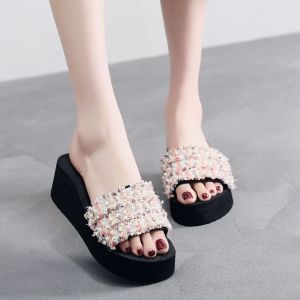 [Free Shipping] WomenS Summer New Fashion Slip-On Sandals With Non-Slip Thick Soles And Wedge Heels Featuring Pearl Embellishments