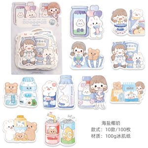 100Pcs Cute Journal Pack DIY Cute Memo Pad Journal Decoration Non-Sticky Stickers Diary Decor Stationery 阿布美食日记可爱手帐素材纸