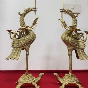 Đôi Hạc ngậm hoa sen chùm bằng đồng nguyên chất cao 47cm