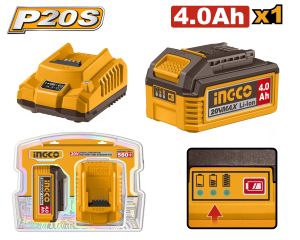 PAKET Baterai 4.0Ah 20V + Fast Charger 2A INGCO FBCPK1012 Cordless Battery 4AH P20S