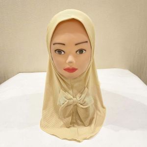 MUQZI Pre-Stitched Design Kids Instant Hijab Elastic Chin Support Breathable Ethnic Style Turban Modest Childrens Scarf Lightweight and Soft Girls Bowknot Headscarf Celebration Outfit