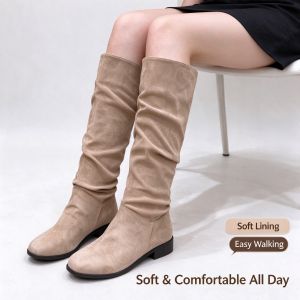 Womens Fashion Round Toe Low Heel Casual Long Boots Size 35-42 Black and Beige Long Shaft for Slim Legs Proportions (Add 1 Size)