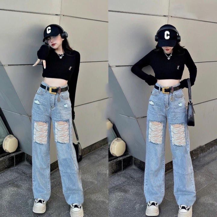 Quần Jeans Ngố Nữ Rách Trước Và Hai Bên Ống – Cá Tính Quần Jeans Ngố Lững Nữ rách