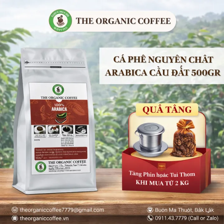 Cà Phê Nguyên Chất Hữu Cơ Arabica Cầu Đất The Organic Vị Chua Thanh, Dùng Pha Cold Brew, 500 Gram