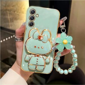 For Samsung A16 A36 A56 A55 A35 A25 A15 A05S A04S A14 A24 A34 A54 A13 A12 High End Cute Bunny Stand Phone Case Chrome Silicone Anti Drop Phone Cover + Bracelet