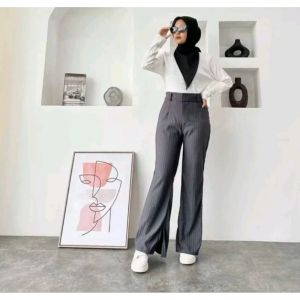 Celana Cutbray Knit Wanita Highwaist Korean premium Model Bawah Belah Loose pants Haighwaist Terbaru
