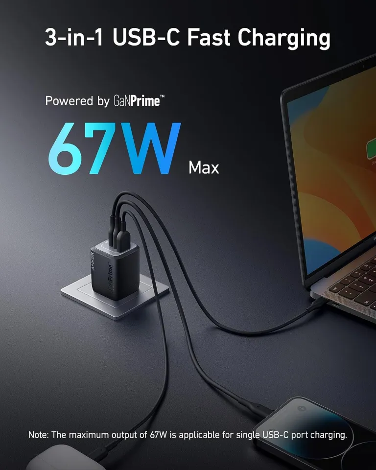 Anker Prime 67W USB C Charger, Anker GaN 3-Port Compact Fast PPS