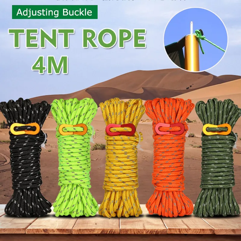 Reflective Rope Wind Buckle 4M Umbrella Rope Tent Fixed Rope Canopy Night  Light Rope Camping Adjustable Buckle Windproof Rope (4 Pack)