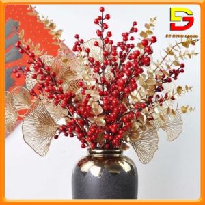 Set Đào Đông Bó Hoa Giả Kèm Lá Phủ Vàng Decor Trang Trí Nhà Cửa Đón Tài Lộc DG-159