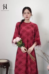 Áo dài truyền thống dáng suông xưa gấm chữ thọ dơi tay lông vũ may sẵn áo dài cách tân nữ dự tiệc cưới lễ tết đẹp ADC797