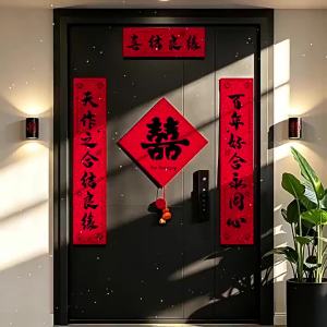 Wedding Couplets 2026 Magnetic Door Stickers with "double Happiness" Characters for Mens - 3D Removable Decorative Wall Decal Mural - Vibrant High-Resolution Pigments | Pelekat D