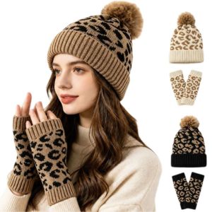 LUMIYA 2Pcs/Set Leopard Knit Beanie Warm Soft Pom Pom Beanie Hat and Glove Set Women and Men