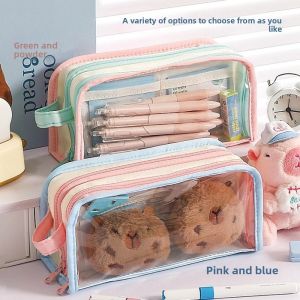 ECOCOKU จอแสดงผลโปร่งใส กระเป๋าเครื่องเขียน PVC เกาหลี หลายชั้น ที่เก็บของบนโต๊ะ กระเป๋าใส่ดินสอ แบบพกพา ชมพู ฟ้า เขียว กระเป๋าดินสอสไตล์เกาหลี ที่เก็บเครื่องเขียน