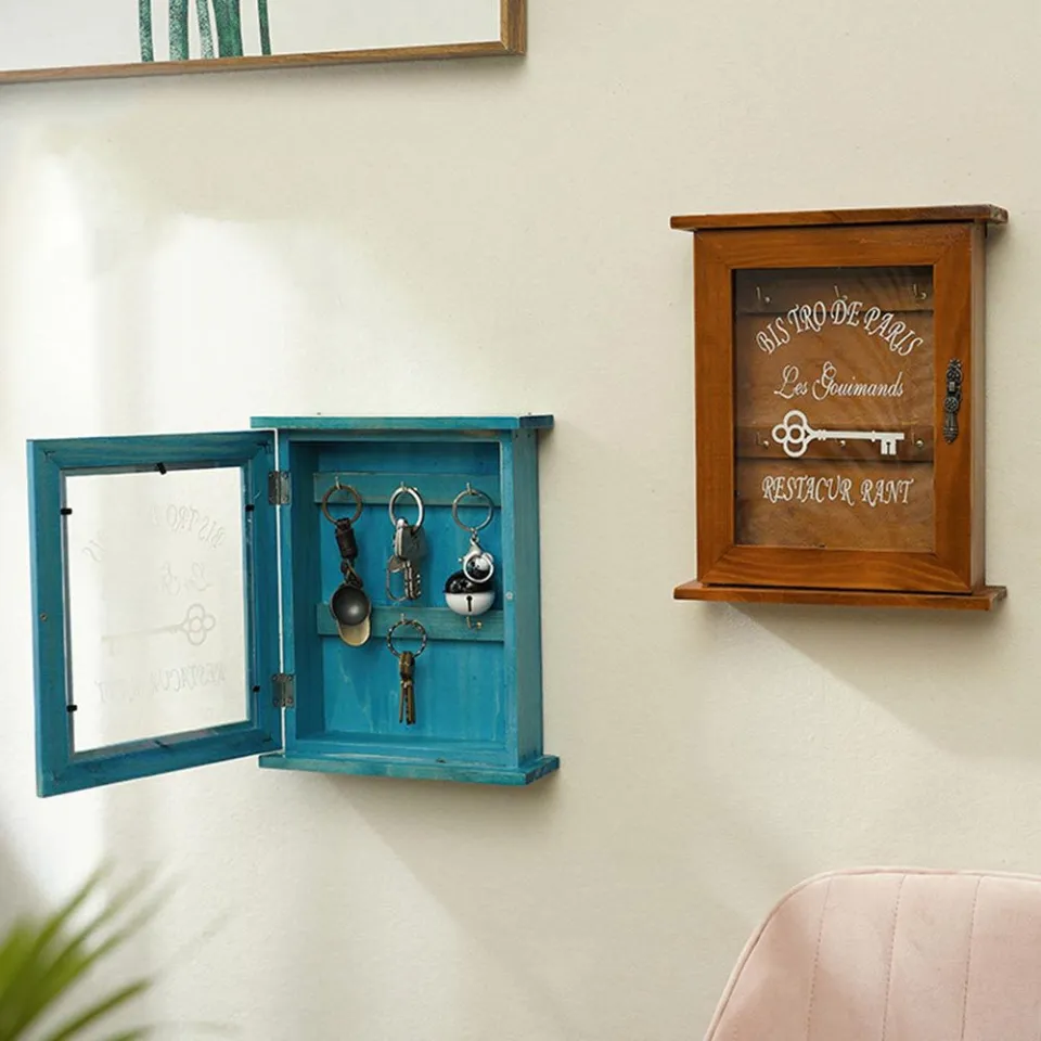 Wooden Key Storage Cabinet Key Holder Box with Hanging Hooks Key