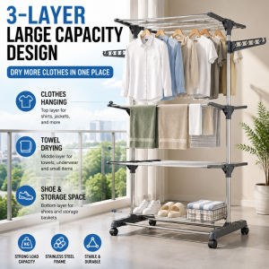 3 Layer Foldable Clothes Drying Rack With Wheels Standing Laundry Rack Home Indoor Outdoor