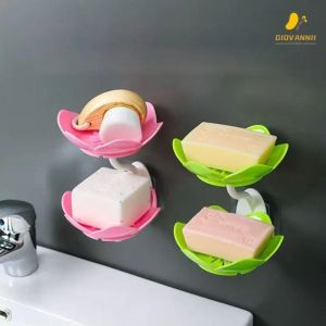 Lotus Shape Soap Box Plastics Flower Shape Double Layer Soap Holder Double Soap Box Punch Free Wall Mounted Anti-slip Water Draining Soap Dish Bathroom