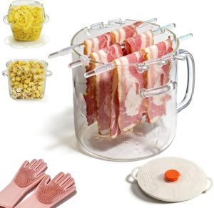 Glass Microwave Bacon Cooker Multifunctional Glass Bacon Grill with Lid for Microwave Oven Cooking Pot for Home Cooking Picnics and Barbecues Easy Clean Heat Resistant Non-Stick Oil (1pc)