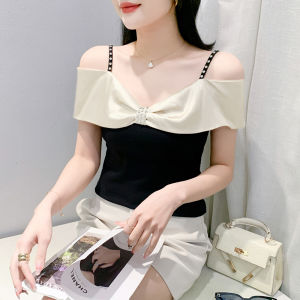 Yimei Áo Thun Nữ Viền diềm Xếp Nếp tay ngắn tương phản bằng sợi giấm Mới Mùa Hè Áo thun nữ có dây đeo kim cương một hàng thời trang và bộ đồ gợi cảm 2024