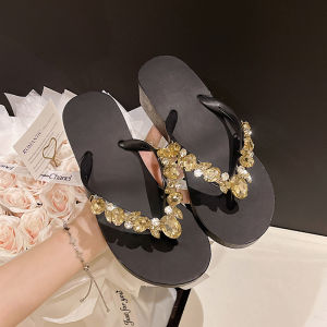 Free Shipping Black High-End Non-Slip Wedge-Heeled Thick-Soled Flip-Flops For Women Summer Outdoor Wear 2026 New Model Height-Increasing Suitable For Pairing With Skirts